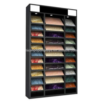 Free Standing Black Metallic Top Illuminating 11-Layer Showroom Stone Wall Tile Display Cabinet